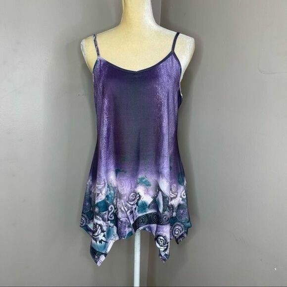 New Womens Medium Tank Top Purple V Neck handkerchief Hem - Picture 1 of 16